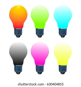 six colorful light bulb on white background