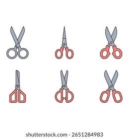 Six Colorful Line Art Scissors Icons Grey and Coral Craft and Office Supplies Simple Design
