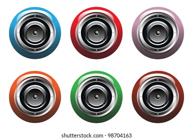 Six colorful loudspeakers isolated on white background