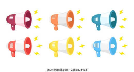 Six colorful megaphones with yellow lightning bolts vector illustration, perfect for designs related to motivation, empowerment, and communication in vibrant and dynamic themes.