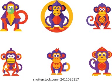 Six colorful monkey characters in a vector illustration.