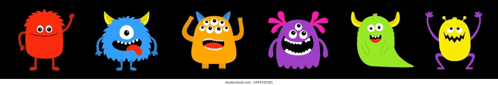 Six colorful monster icon set line. Happy Halloween. Cute cartoon kawaii funny baby character. Eyes, horns, fang teeth, hands, tongue. Childish style. Sticker print Flat design Black background Vector