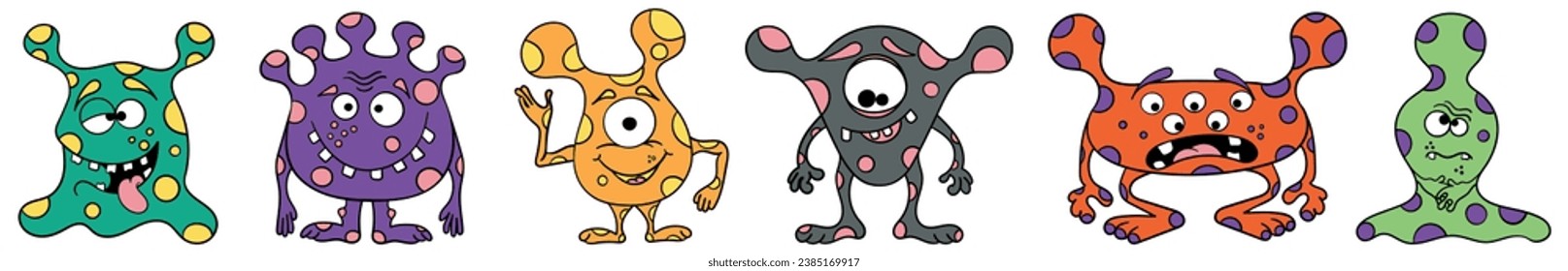 Six colorful monsters. A set of funny aliens. Cartoon microbes with different emotions. Fairy-tale creatures.