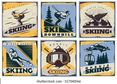 Six colorful nordic skiing square compositions in retro style with moving skier and skiing gear images vector illustration