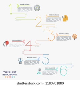 Six colorful numbers or figures connected into linear chart with thin line icons and place for text. Concept of 6 steps of progressive development. Infographic design template. Vector illustration