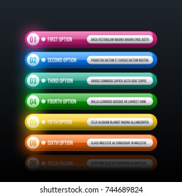 Six colorful options in clean hi-tech style on black glossy background