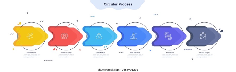 Six colorful overlapping arrows placed in horizontal row. Concept of 6 successive steps of progressive business development. Simple infographic design template. Abstract vector illustration.