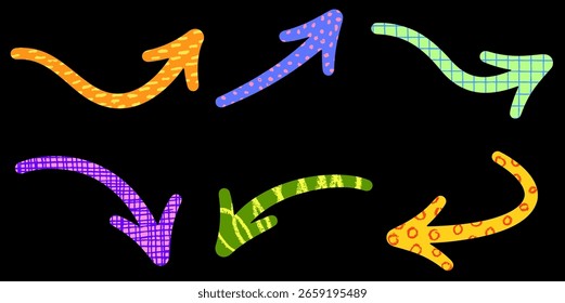 Six colorful patterned arrows on a black background in playful, curved forms. Vector illustration.