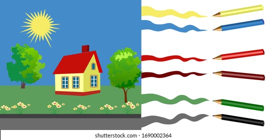 Six colorful pencils drawing the sky, the sun, the field with trees, the house and the flowers on the edge of road. Vector illustration. Pencils and their lines isolated on white background.