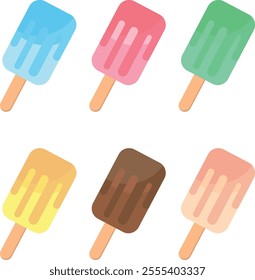 Six colorful popsicles arranged in two rows of three. Each popsicle has a different color: blue, pink, green, yellow, brown, and peach. The popsicles have a simple design with a wooden stick.