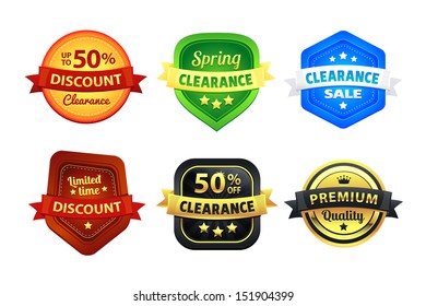 Six colorful premium quality clearance discount sale badges in vector. Red, orange, yellow, brown, blue, black, white, and golden colors used. 