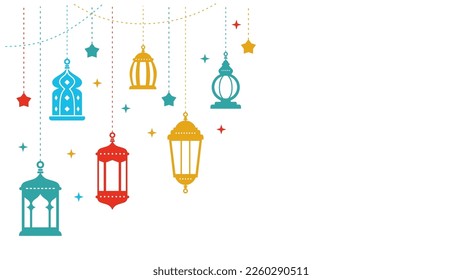 Six colorful ramadan lanterns and islamic ornaments isolated on white background.