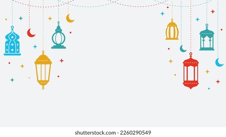 Six colorful ramadan lanterns and islamic ornaments isolated on white background.