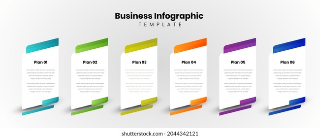 six colorful rectangle elements and text box. Business model concept with 6 successive steps or plans. Modern infographic design template. Vector illustration.