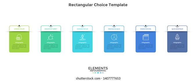 Six colorful rectangular cards with place for text. Concept of 6 business options or features to choose. Flat infographic design template. Modern vector illustration for presentation, website menu.