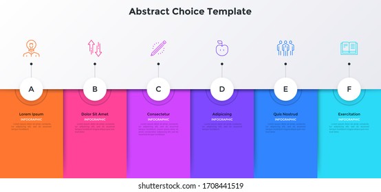 Six colorful rectangular elements placed in horizontal row. Concept of 6 options of business project to choose. Minimal infographic design template. Flat vector illustration for presentation, report.
