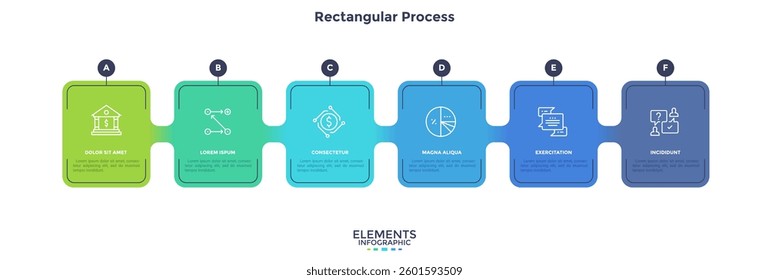 Six colorful rectangular elements placed in horizontal row. Concept of 6 steps of business development process. Simple infographic design template. Modern linear vector illustration for report.