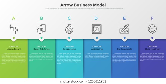 Six colorful rectangular elements, thin line pictograms, pointers and text boxes. Concept of arrow business model with 6 successive steps. Modern infographic design template. Vector illustration.