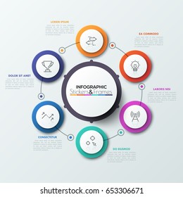 Six Colorful Round Elements With Thin Line Symbols Inside Placed Around Central Circle. Cyclical Diagram With 6 Features Concept. Realistic Infographic Design Layout. Vector Illustration For Report.