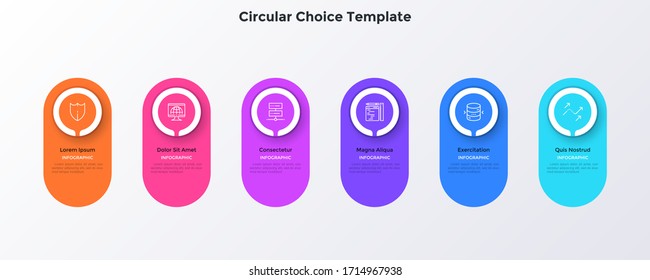 Seis elementos o botones coloridos redondeados colocados en fila horizontal. Concepto de interfaz de menú web con 6 opciones para elegir. Plantilla de diseño gráfico simple. Ilustración vectorial plana para sitio web.