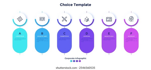 Seis elementos coloridos arredondados colocados em linha horizontal. Conceito de 6 etapas do progresso da criação. Modelo de design de infográfico corporativo. Ilustração vetorial plana moderna para apresentação de negócios.