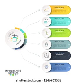 Six colorful rounded options or characteristics connected to main circular element by lines. Creative infographic design template. Vector illustration for project scheme, business presentation.