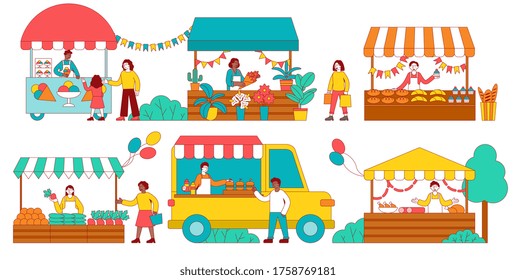 Six colorful scenes of a stalls at a fair selling assorted food and plants with vendors and customers, colored vector illustration