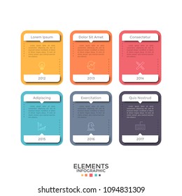 Six colorful separate rectangles or cards with linear icons, place for text and year indication. Concept of historical information representation. Infographic design template. Vector illustration.