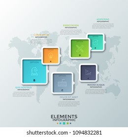 Six colorful square elements of various size with arrows or pointers, thin line symbols and letters inside placed on world map. Creative infographic design template. Vector illustration for website.