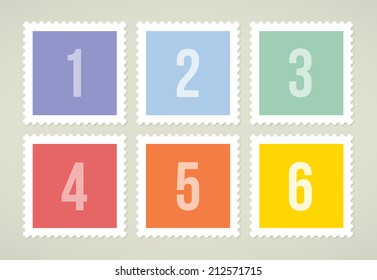 Six colorful stamps with numbers, vector illustration