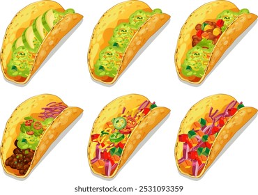 Six colorful tacos with diverse fillings