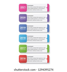 six colorful timeline infographic design template, Infographics management, finance, steps, analytics, presentation. Vector illustration.