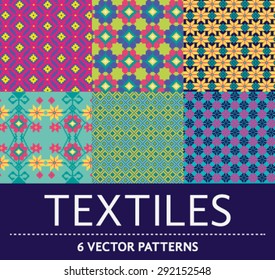 Six colorful traditional folk textiles inspired vector patterns