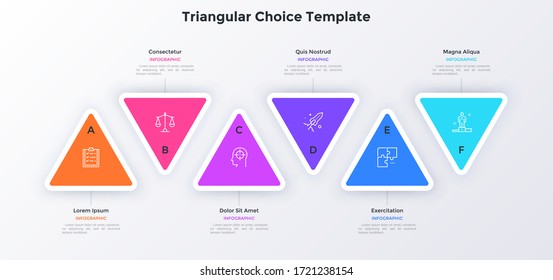 Six colorful triangular elements placed in horizontal row. Concept of 6 options to choose or select. Simple infographic design template. Vector illustration for  business information visualization.