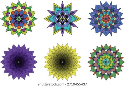 Seis Formas geométricas coloridas y únicas del estilo del mandala aisladas en fondo transparente