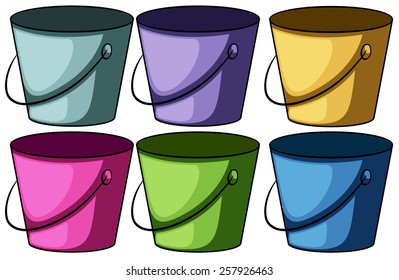 Six colourful buckets on a white background