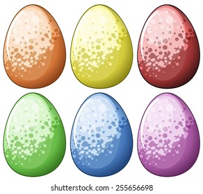 Six colourful eggs on a white background