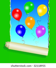 Seis globos de fiesta coloridos bajo papel de pared roto verde