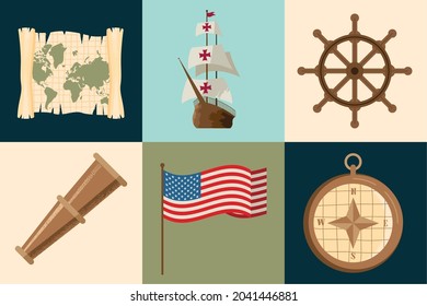 six Columbus day set icons