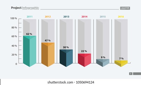 Six columns bar chart slide template. Business data. Percent, declining, design. Creative concept for infographic, presentation, report. Can be used for topics like management, finance, research.