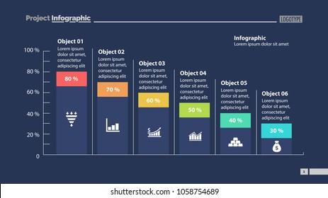Six columns bar chart slide template. Business data. Percentage, declining, design. Creative concept for infographic, presentation, report. Can be used for topics like management, finance, statistics.