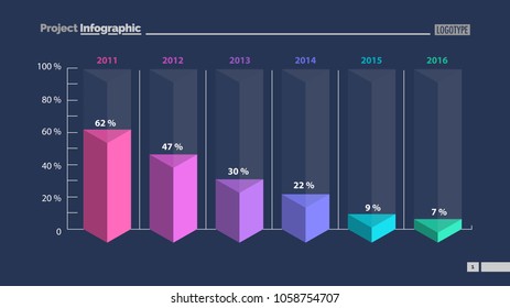 Six columns bar chart slide template. Business data. Percent, declining, design. Creative concept for infographic, presentation, report. Can be used for topics like management, finance, research.