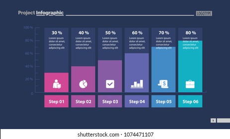 Six columns bar chart slide template. Business data. Step, diagram, design. Creative concept for infographic, presentation. Can be used for topics like management, analytics, research.