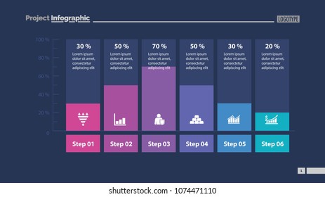 Six columns bar chart slide template. Business data. Percent, diagram, design. Creative concept for infographic, presentation. Can be used for topics like management, analysis, research.