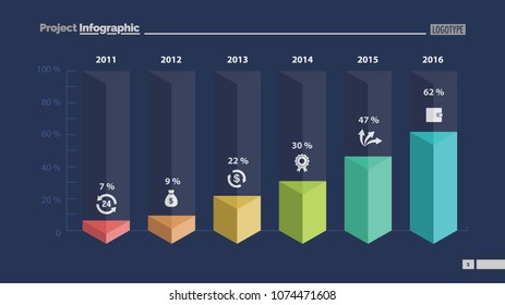 Six columns bar chart slide template. Business data. Percent, diagram, design. Creative concept for infographic, presentation, report. Can be used for topics like management, finance, research.