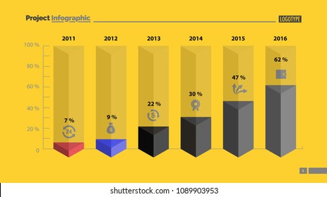 Six columns bar chart slide template. Business data. Percent, diagram, design. Creative concept for infographic, presentation, report. Can be used for topics like management, finance, research.