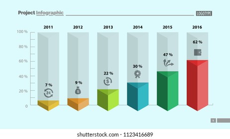 Six columns bar chart slide template. Business data. Percent, diagram, design. Creative concept for infographic, presentation, report. Can be used for topics like management, finance, research.