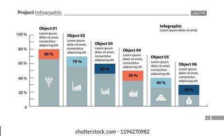 Six columns bar chart slide template. Business data. Percentage, declining, design. Creative concept for infographic, presentation, report. Can be used for topics like management, finance, statistics.