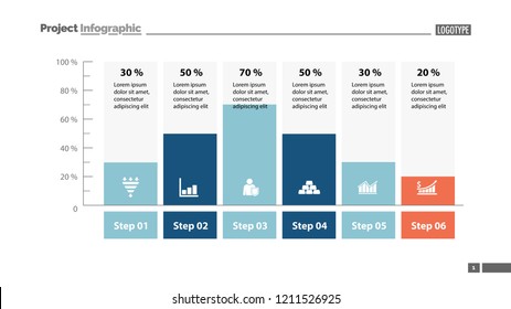 Six columns bar chart slide template. Business data. Percent, diagram, design. Creative concept for infographic, presentation. Can be used for topics like management, analysis, research.