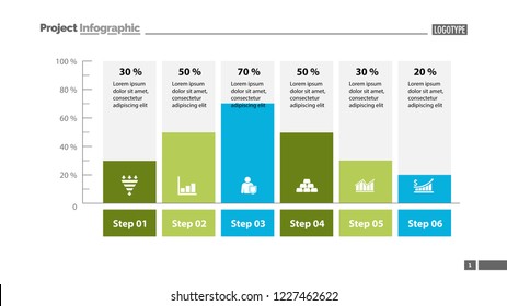 Six columns bar chart slide template. Business data. Percent, diagram, design. Creative concept for infographic, presentation. Can be used for topics like management, analysis, research.